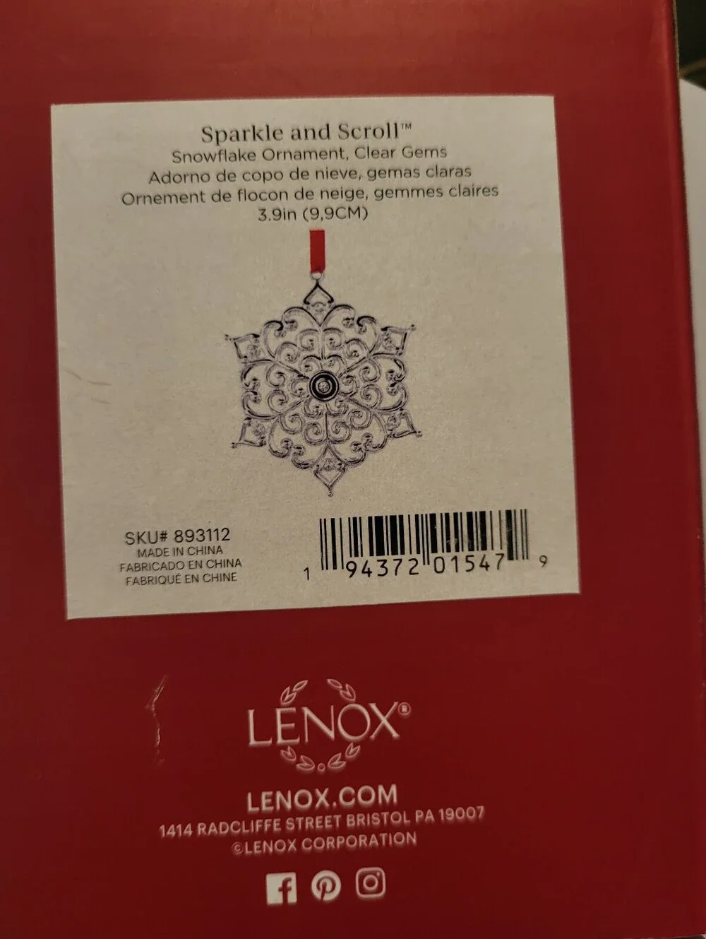 Lenox 2024 Ornament Snow Majesty 4.25 in Box Silver Shiny Snowflake
